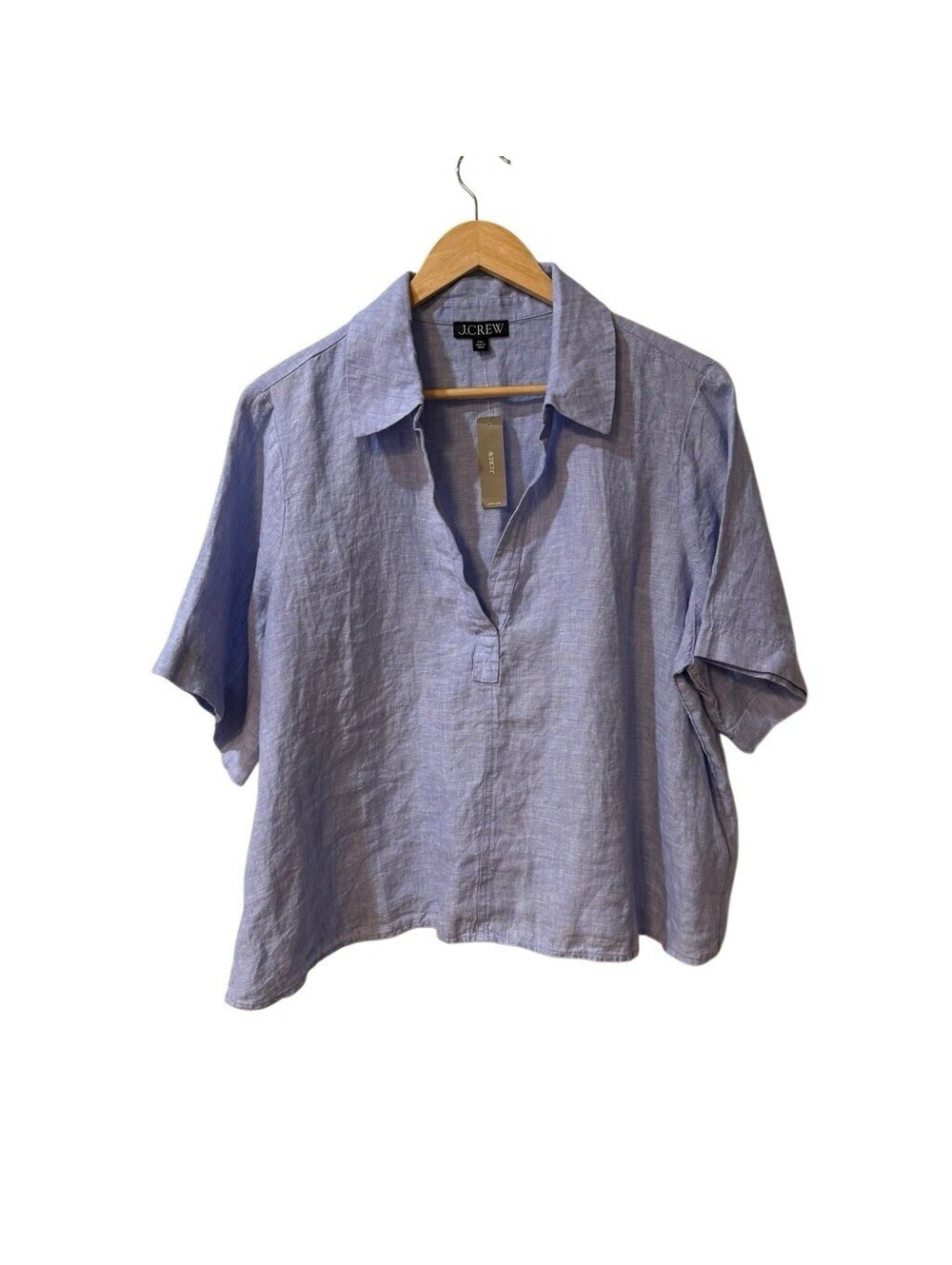 J Crew Linen Blouse Womens 2XL Blue Tunic Cropped Short Sleeve V Neck Bungalow